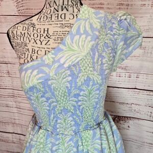 Crown & Ivy Women XS One Shoulder Smocked Blue Green Pineapple Tiered Midi Dress